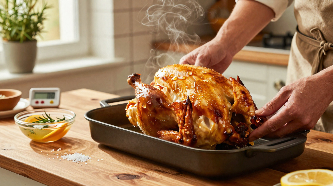 Pessoa a retirar frango assado fumegante de tabuleiro na cozinha iluminada.