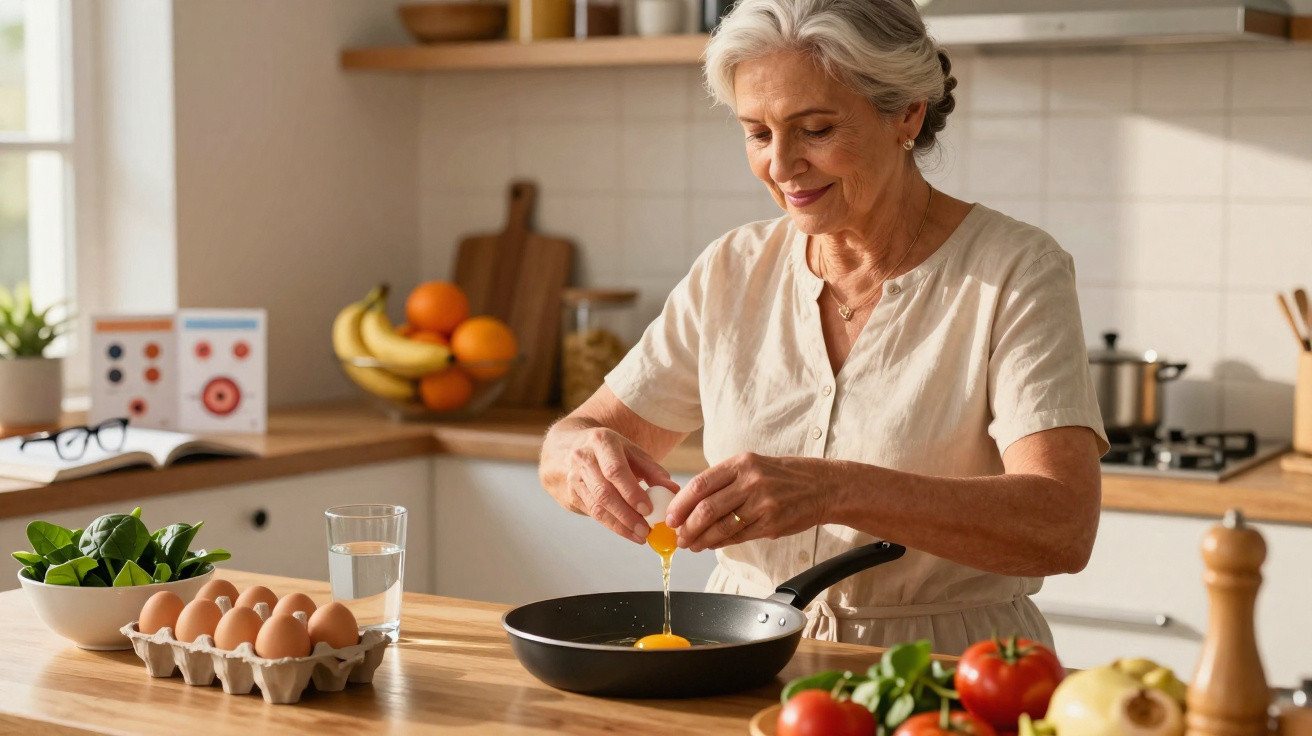 Mulher idosa a partir ovos numa frigideira numa cozinha luminosa e organizada.