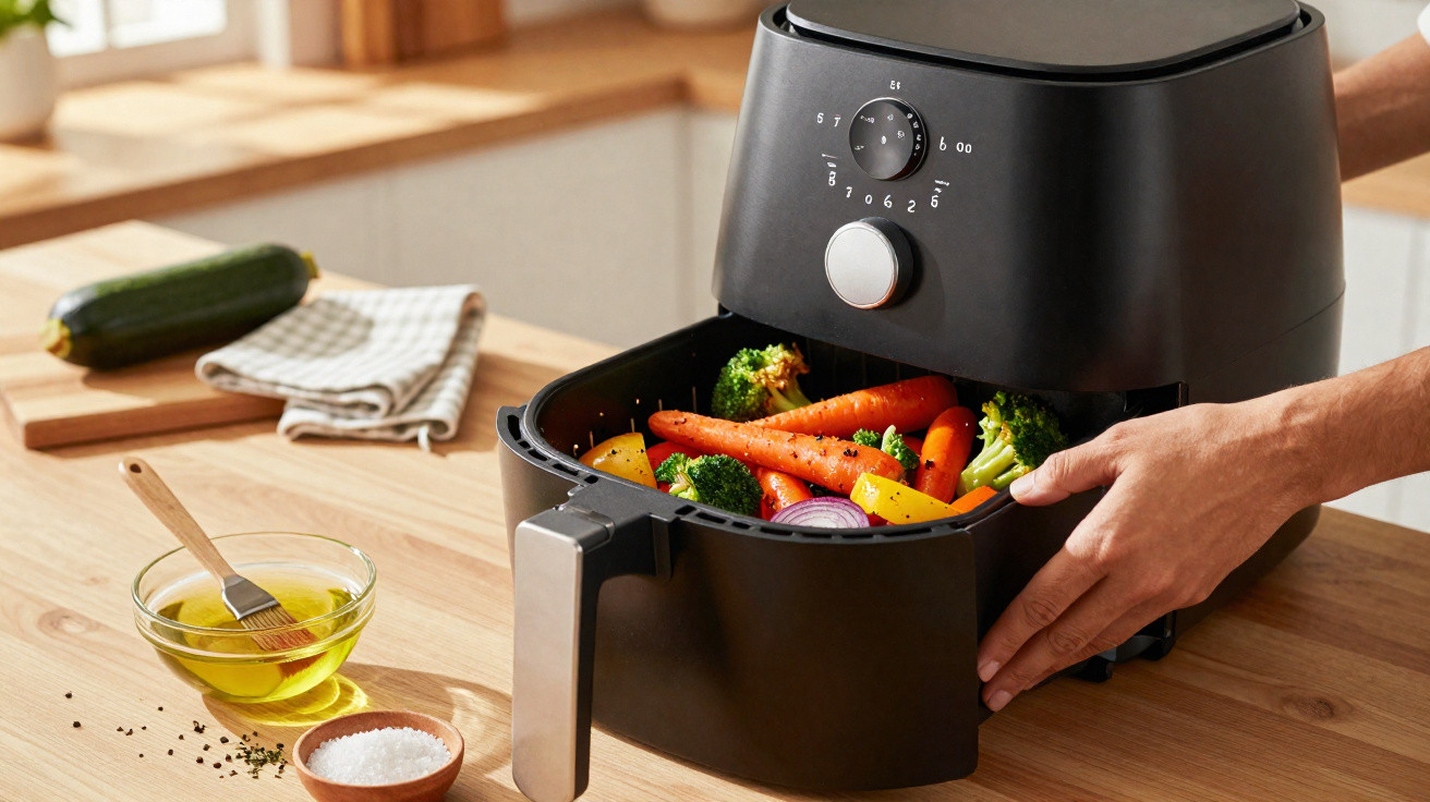 Pessoa a preparar legumes numa air fryer preta numa cozinha moderna.