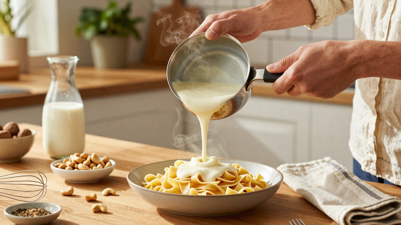 Pessoa a servir molho quente sobre massa num prato, numa cozinha com ingredientes e utensílios ao fundo.