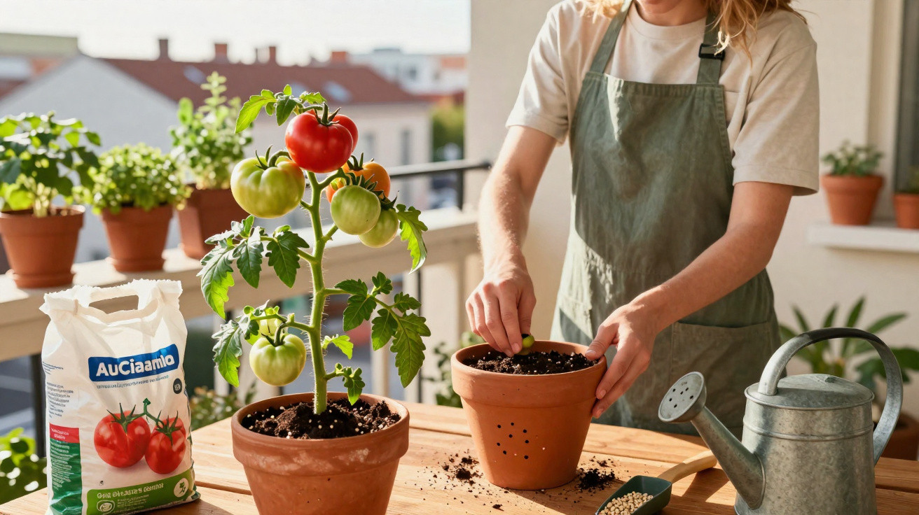 Pessoa a transplantar plantas de tomate num terraço com vasos, regador e fertilizante ao lado.