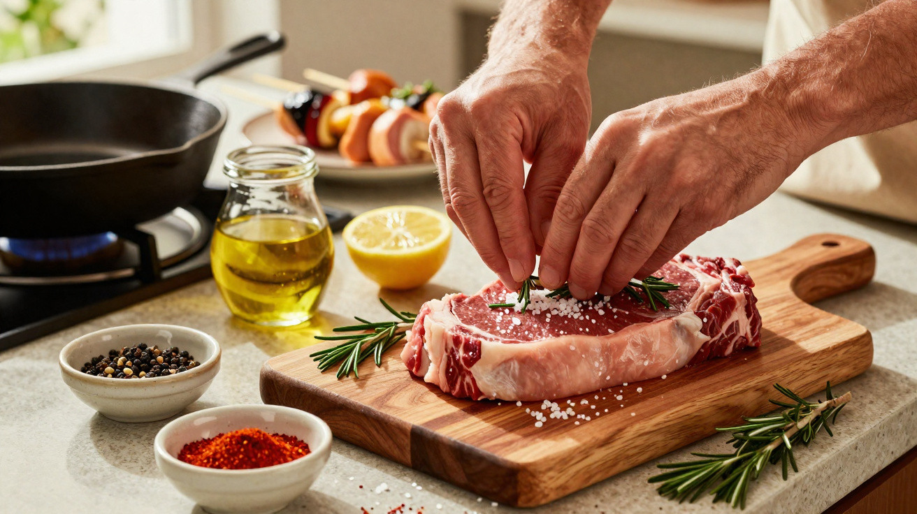 Mão a temperar bife com sal grosso e alecrim numa tábua de madeira, com especiarias e azeite na bancada.