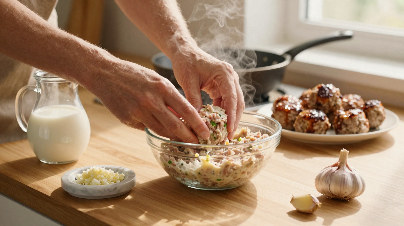 Mãos a moldar almôndegas com ingredientes numa tigela, alho, leite e almôndegas feitas na bancada de cozinha.