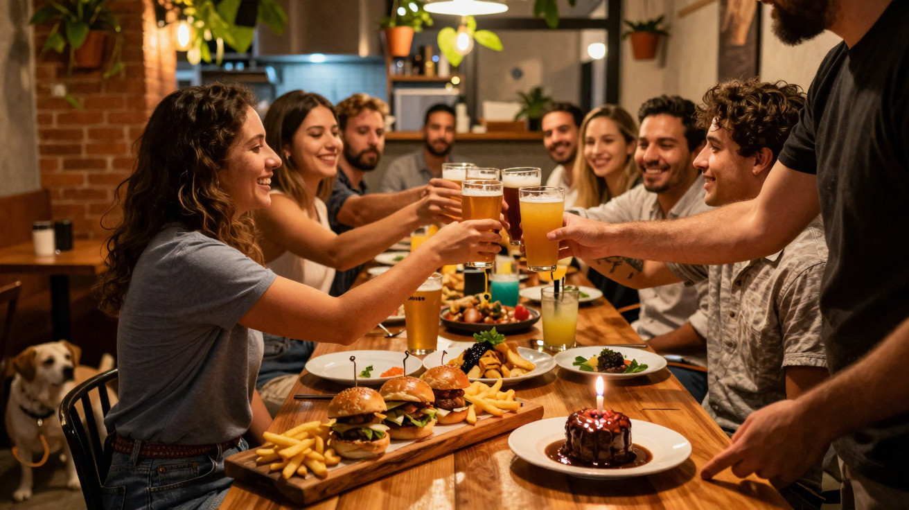Grupo de amigos a brindar numa mesa com hambúrgueres, batatas fritas e sobremesa com vela.
