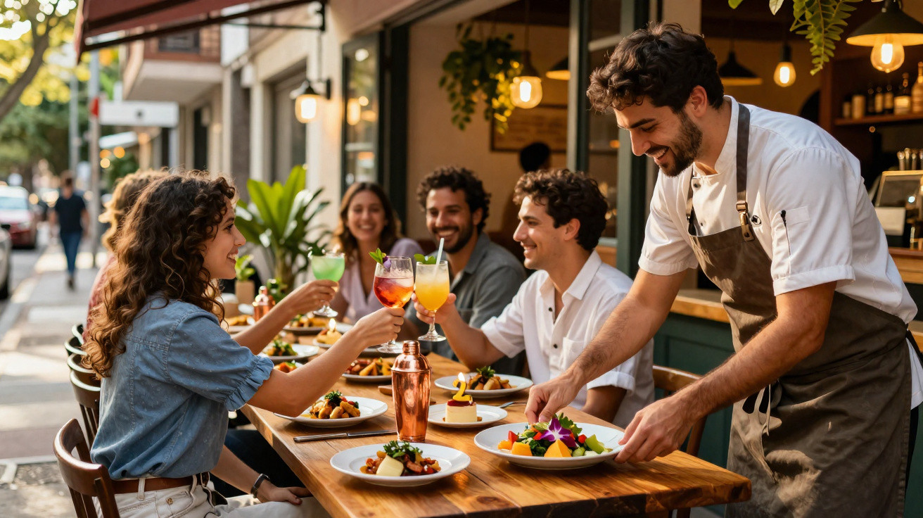 Grupo de amigos a jantar e brindar num restaurante ao ar livre com um empregado a servir comida.