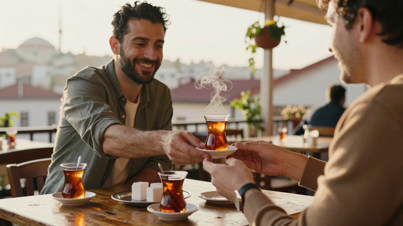 Dois homens sentados num terraço a partilhar chá quente em copos tradicionais.