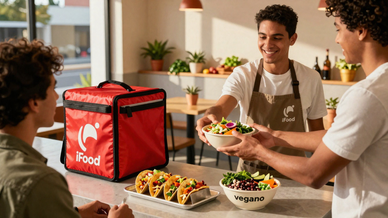 Entregador iFood a servir salada vegana a cliente num restaurante moderno e acolhedor.