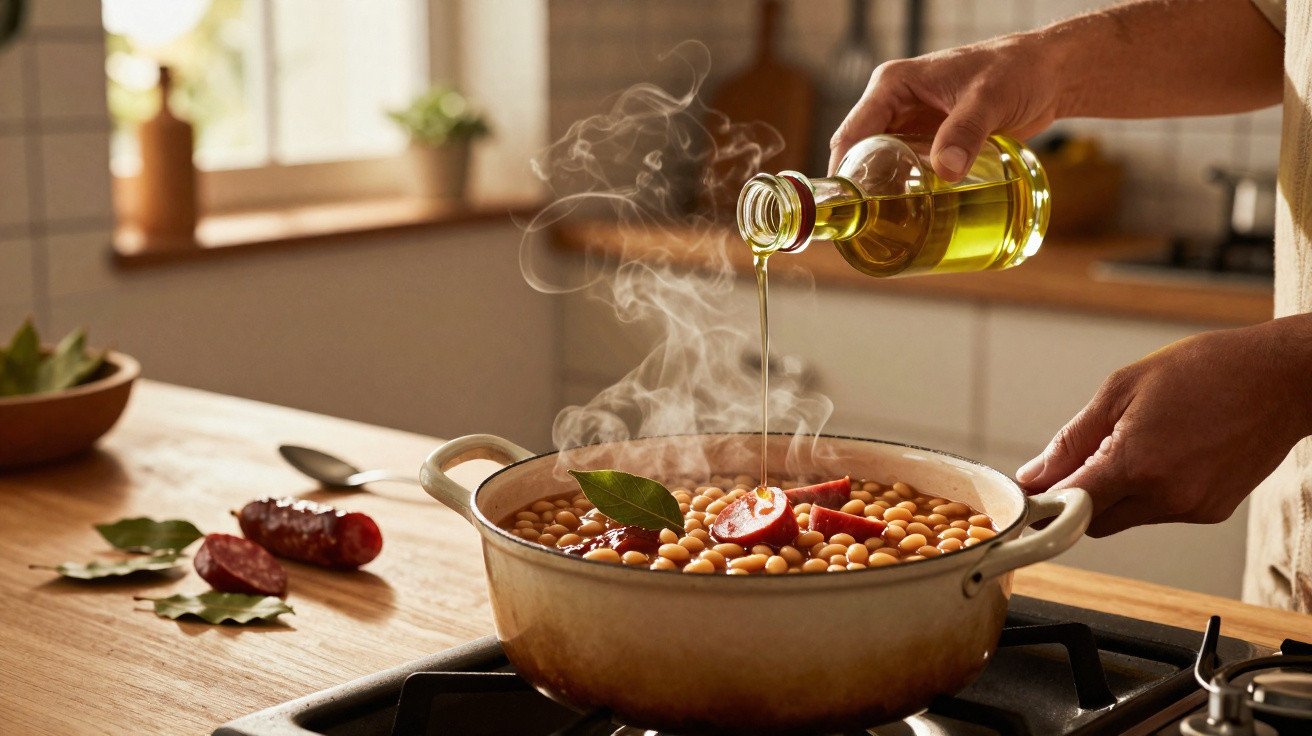 Mãos a deitar azeite num tacho com feijão, chouriço e folhas de louro, numa cozinha com luz natural.