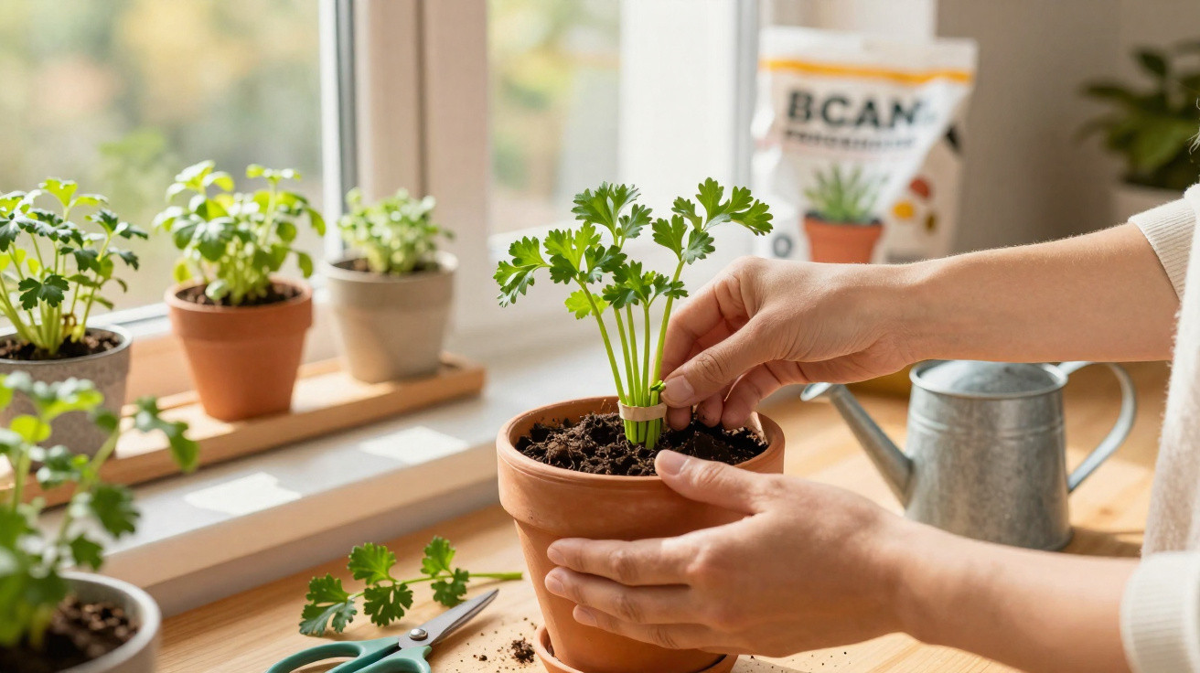 Mãos a cuidar de planta aromática em vaso de barro numa janela com luz natural e várias plantas no peitoril.