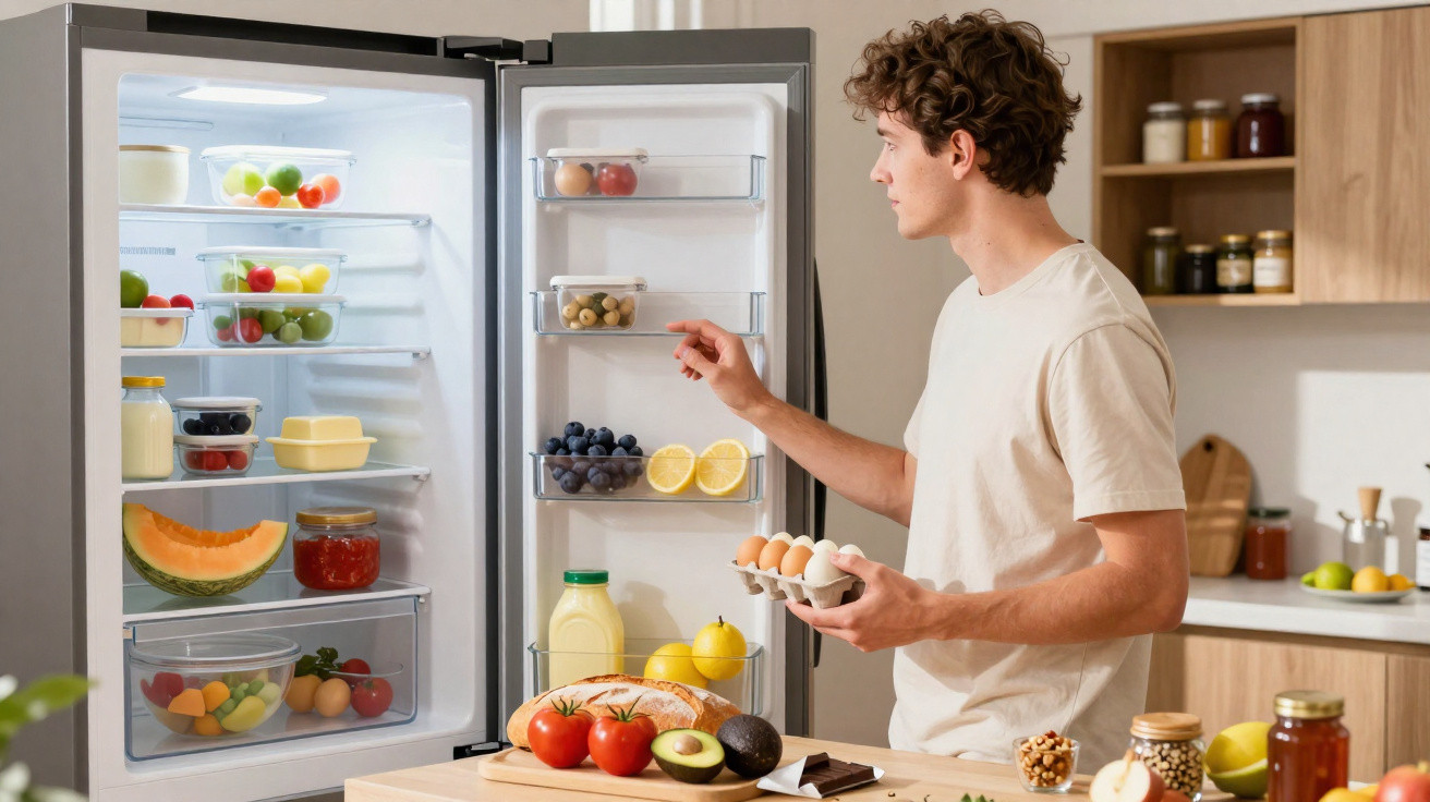 Homem a colocar ovos no frigorífico aberto numa cozinha moderna com vários alimentos frescos.