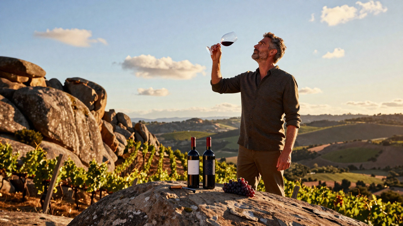 Homem a observar copo de vinho tinto ao pôr do sol numa vinha com garrafas e uvas sobre pedra.