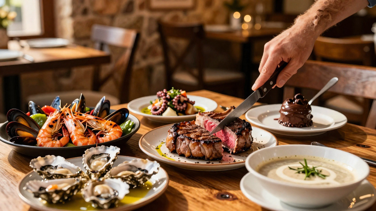 Mesa de madeira com pratos variados de marisco, bife, sopa e sobremesa num restaurante acolhedor.
