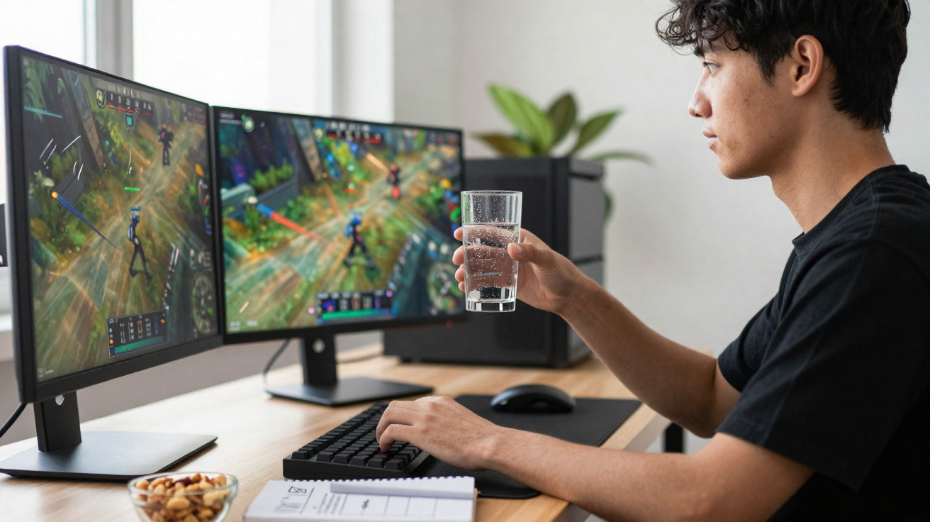 Jovem a jogar videojogos em computador com dois ecrãs, segurando copo de água num ambiente claro.