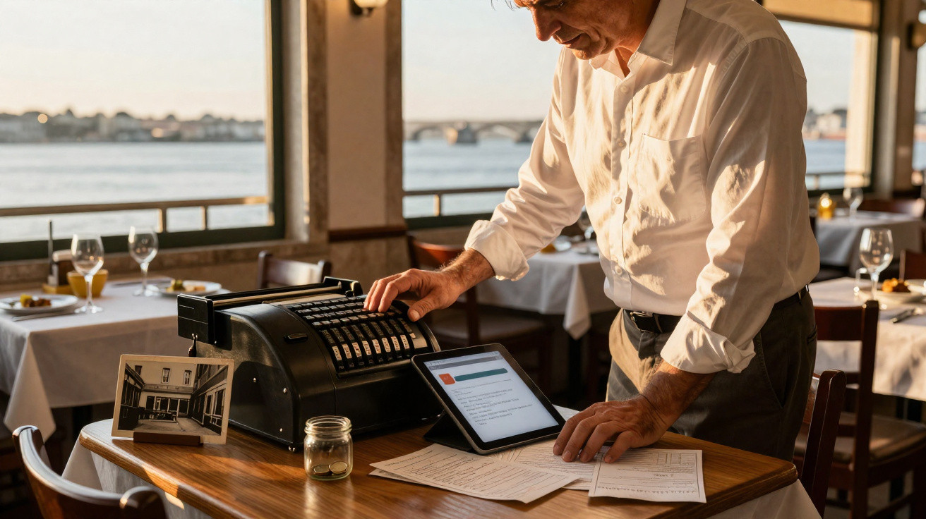 Homem num restaurante a usar uma máquina de calcular antiga com documentos e tablet numa mesa.