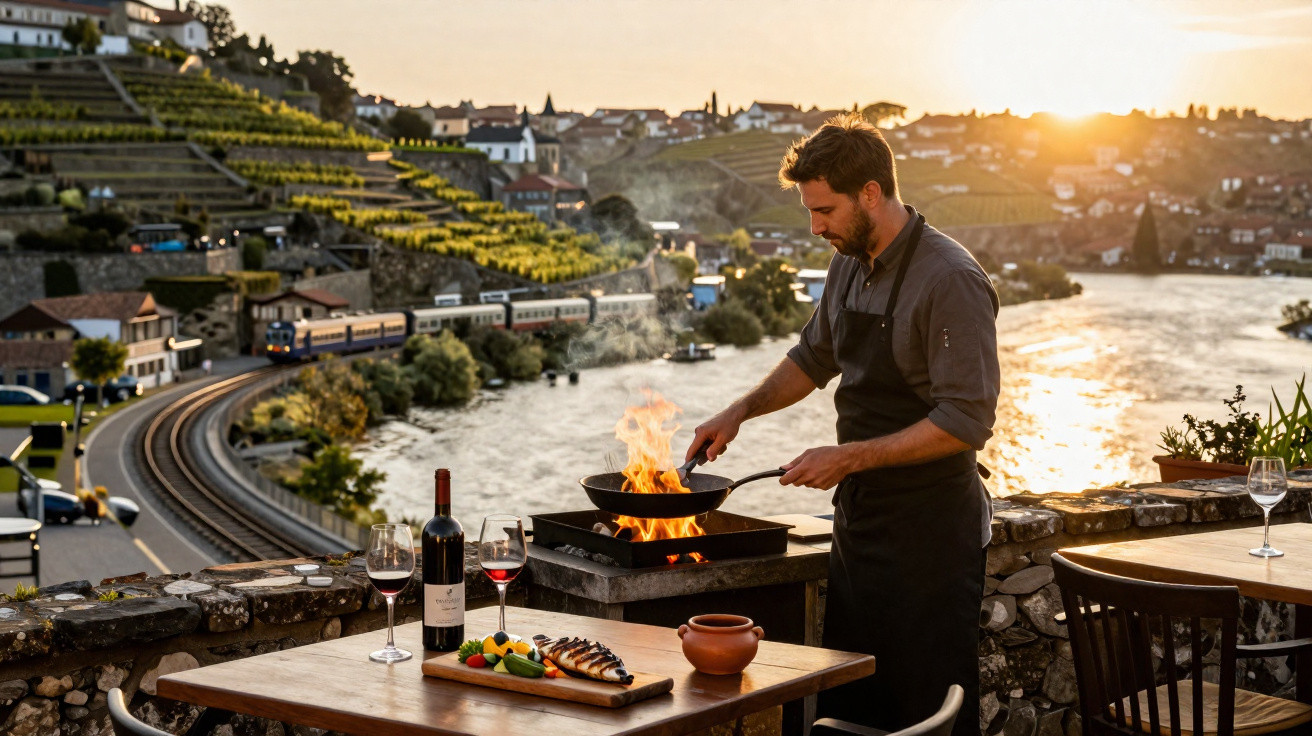Homem a cozinhar ao ar livre ao pôr do sol com rio, comboio e vinhas no fundo.