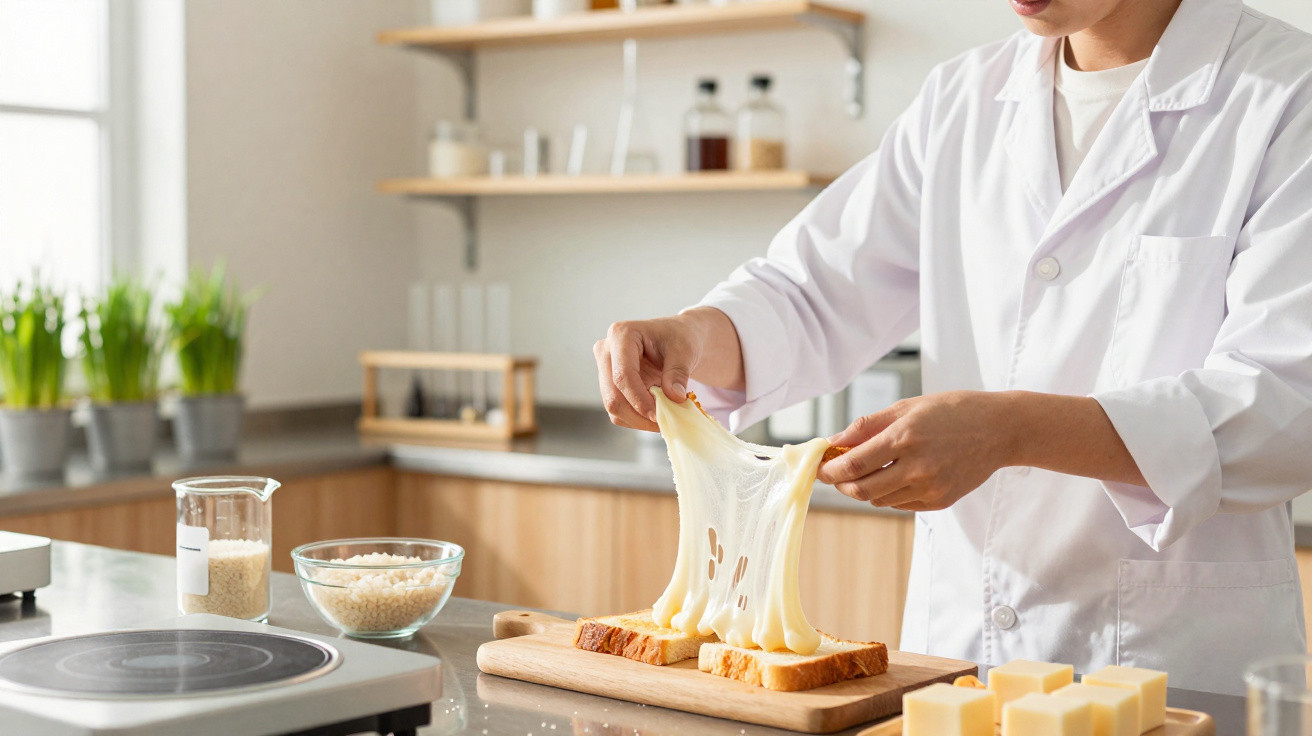 Pessoa com bata branca estica queijo derretido sobre fatias de pão numa cozinha moderna.