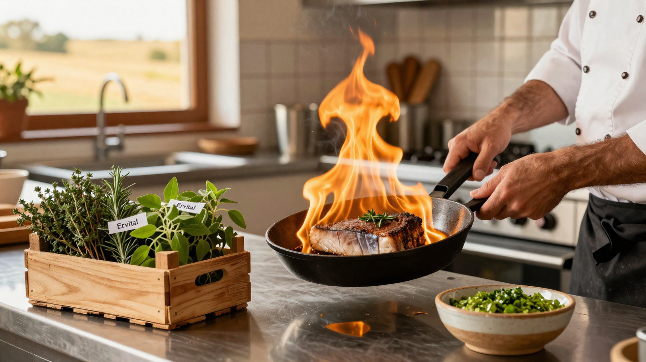 Chef a cozinhar bife flamejante numa frigideira numa cozinha moderna com ervas frescas ao lado.