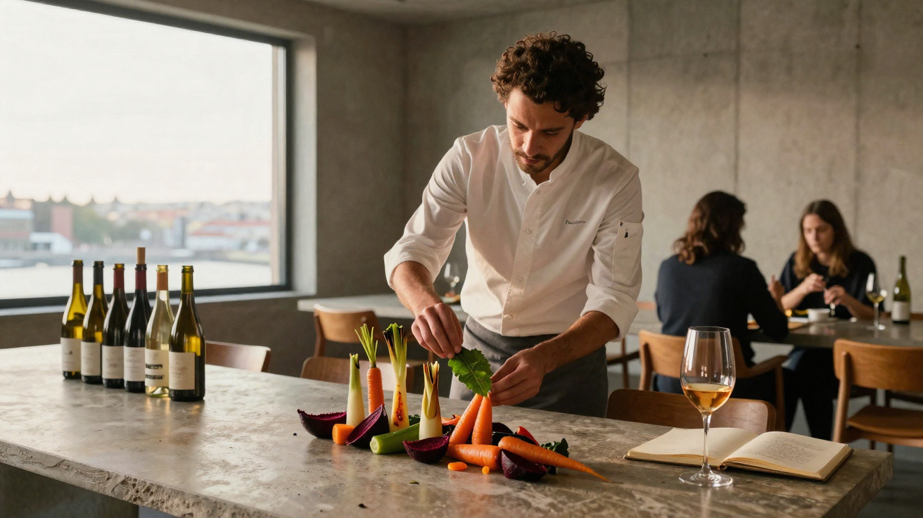 Chef a preparar legumes frescos numa bancada de cozinha moderna com garrafas de vinho ao lado.