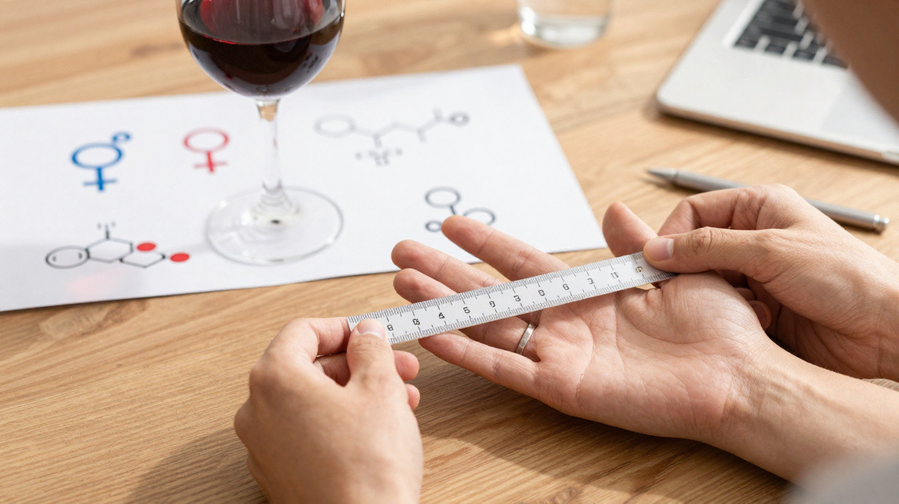 Pessoa a medir a mão com uma régua numa mesa com folha de símbolos e copo de vinho tinto.