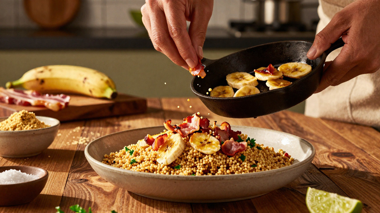Pessoa a adicionar fatias de banana e pedaços de bacon a prato com couscous sobre mesa de madeira.