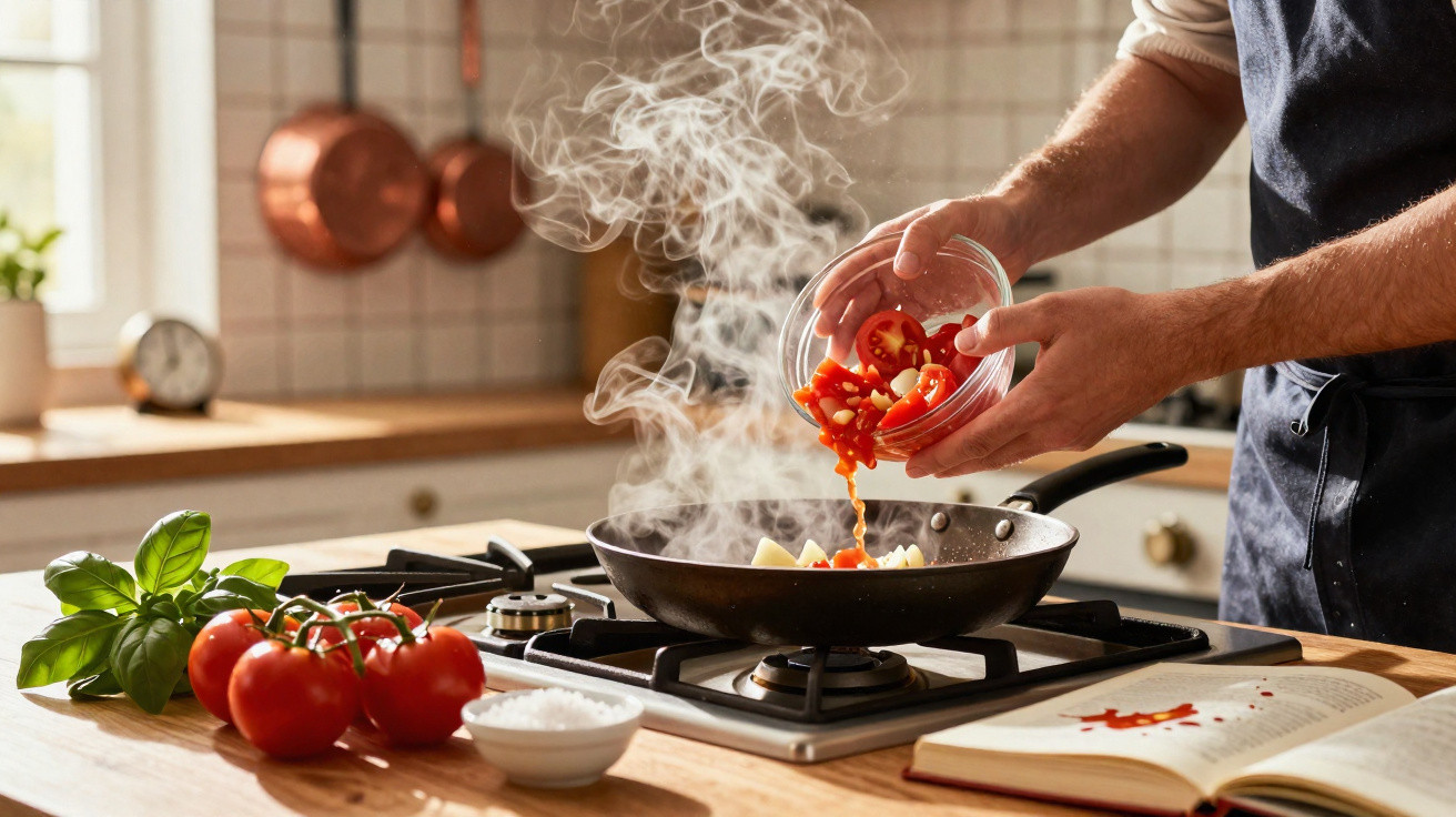 Pessoa a cozinhar tomates numa frigideira com vapor numa cozinha luminosa e organizada.