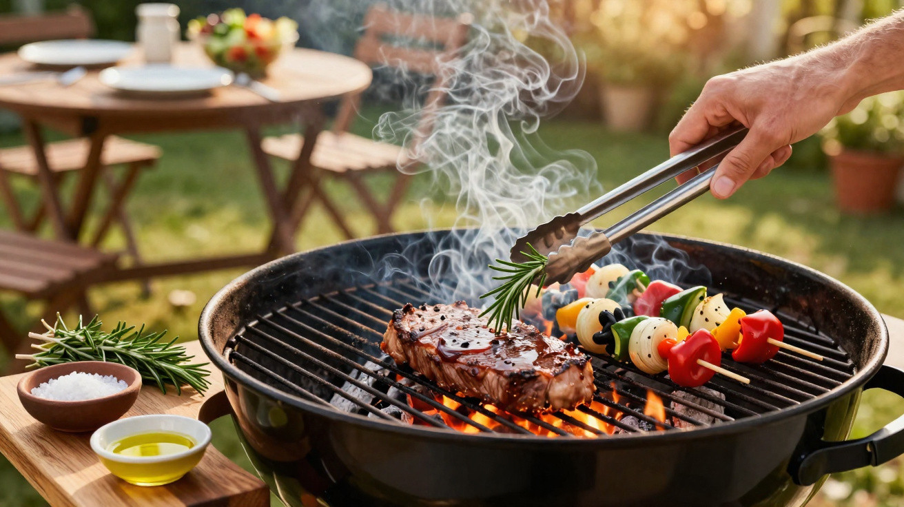 Churrasco ao ar livre com bife e espetadas de legumes a cozinhar numa grelha redonda a carvão.