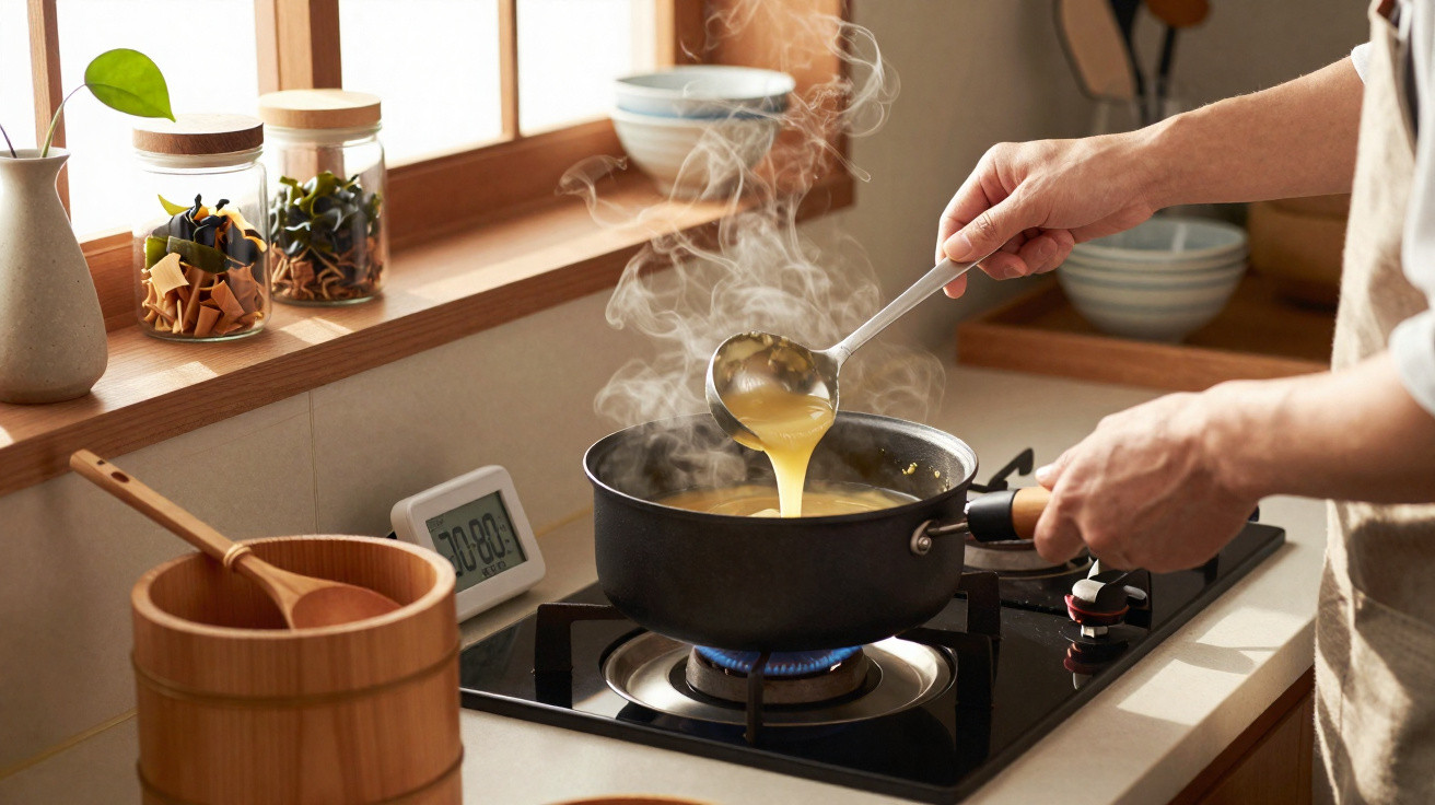 Pessoa a cozinhar sopa numa panela no fogão a gás com vapor a subir, num ambiente de cozinha acolhedor.