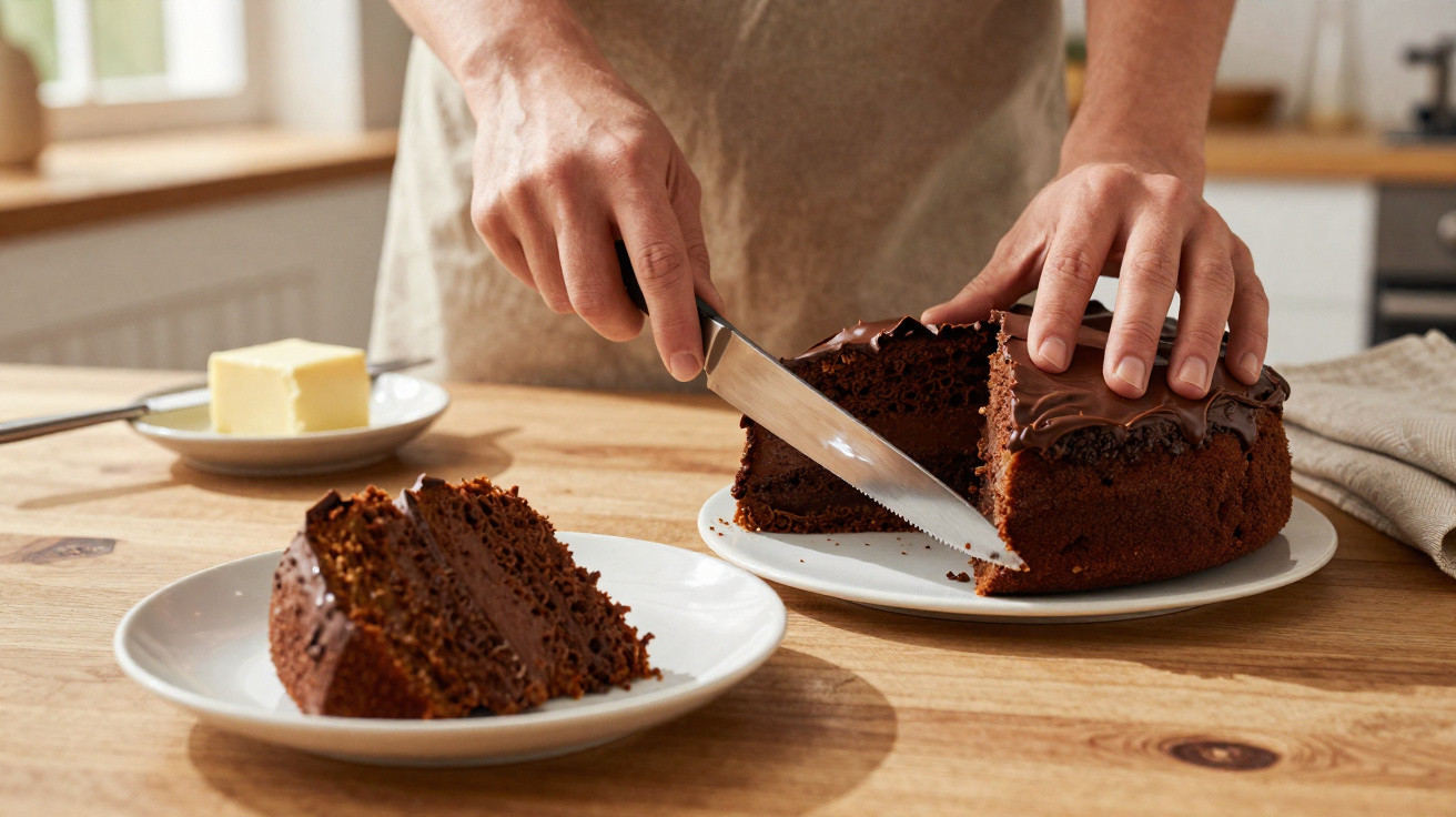 Mãos a cortar bolo de chocolate com cobertura, com uma fatia já servida num prato sobre mesa de madeira.