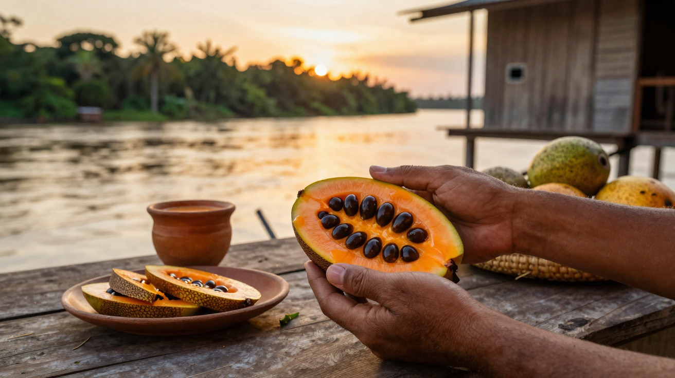 Mãos seguram um fruto papaya aberto com sementes, ao fundo rio, árvores e pôr do sol sobre uma mesa de madeira.