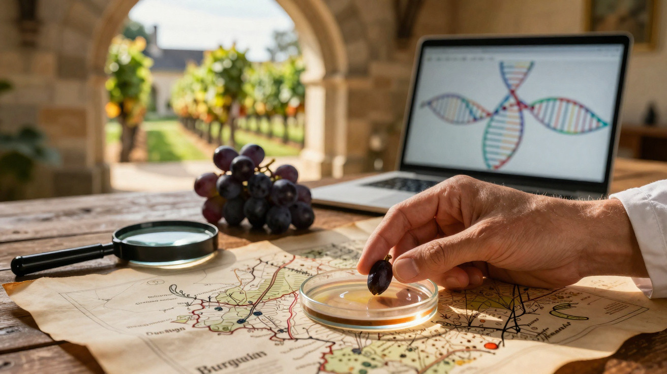 Mão segura cacho de uvas sobre mapa, lupa e portátil com cadeia de ADN numa mesa rústica.