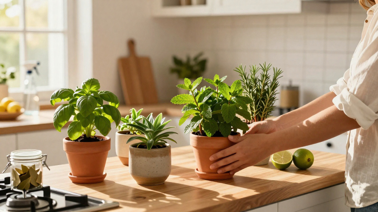 Mãos seguram vaso de planta aromática na cozinha com outros vasos e limões ao fundo.