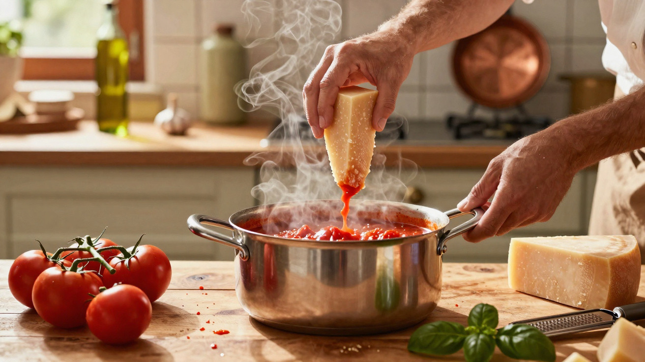 Pessoa a ralhar queijo sobre panela com molho de tomate fumegante em cozinha com ingredientes frescos.