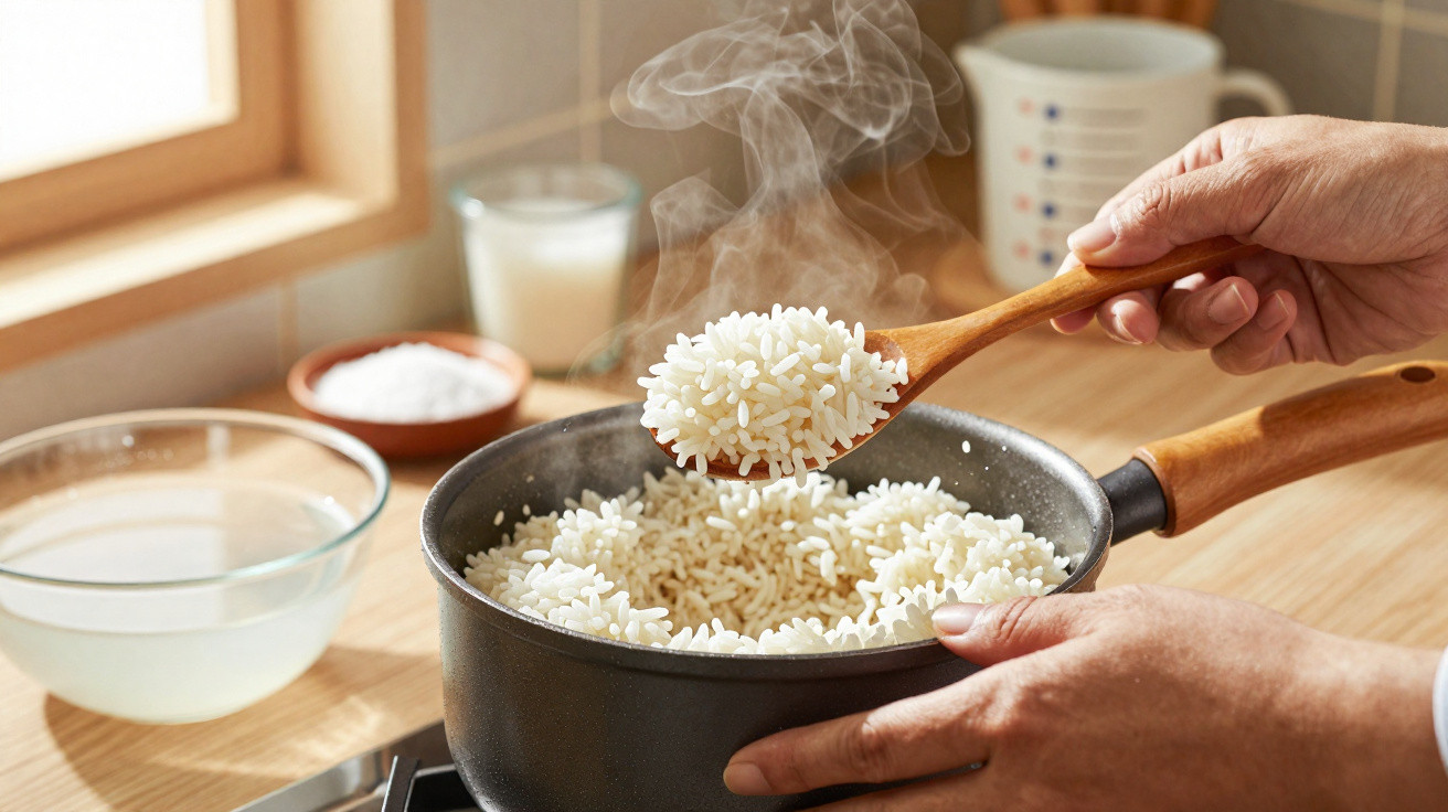 Panela com arroz branco quente sendo servido com colher de madeira numa cozinha iluminada por janela.