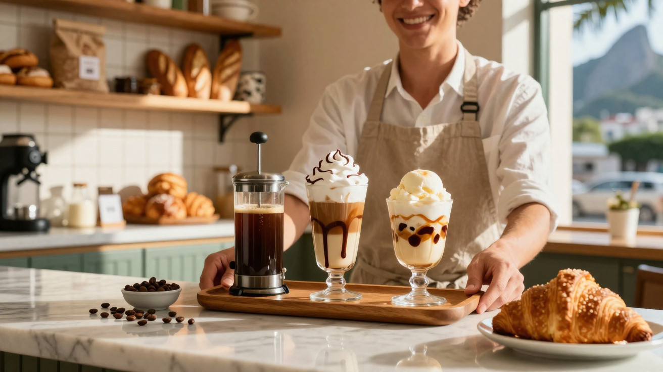 Pessoa a servir bebidas de café com chantilly e bolachas num café acolhedor com croissant e grãos de café.