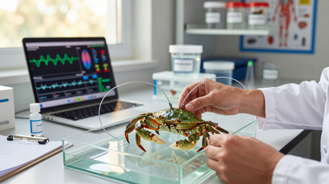 Cientista segurando caranguejo em laboratório com computador e equipamentos científicos ao fundo.