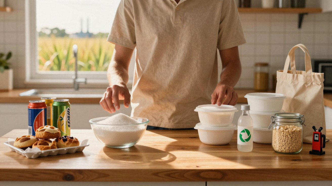 Pessoa a embalar alimentos em recipientes reutilizáveis numa bancada de cozinha iluminada pela luz natural.