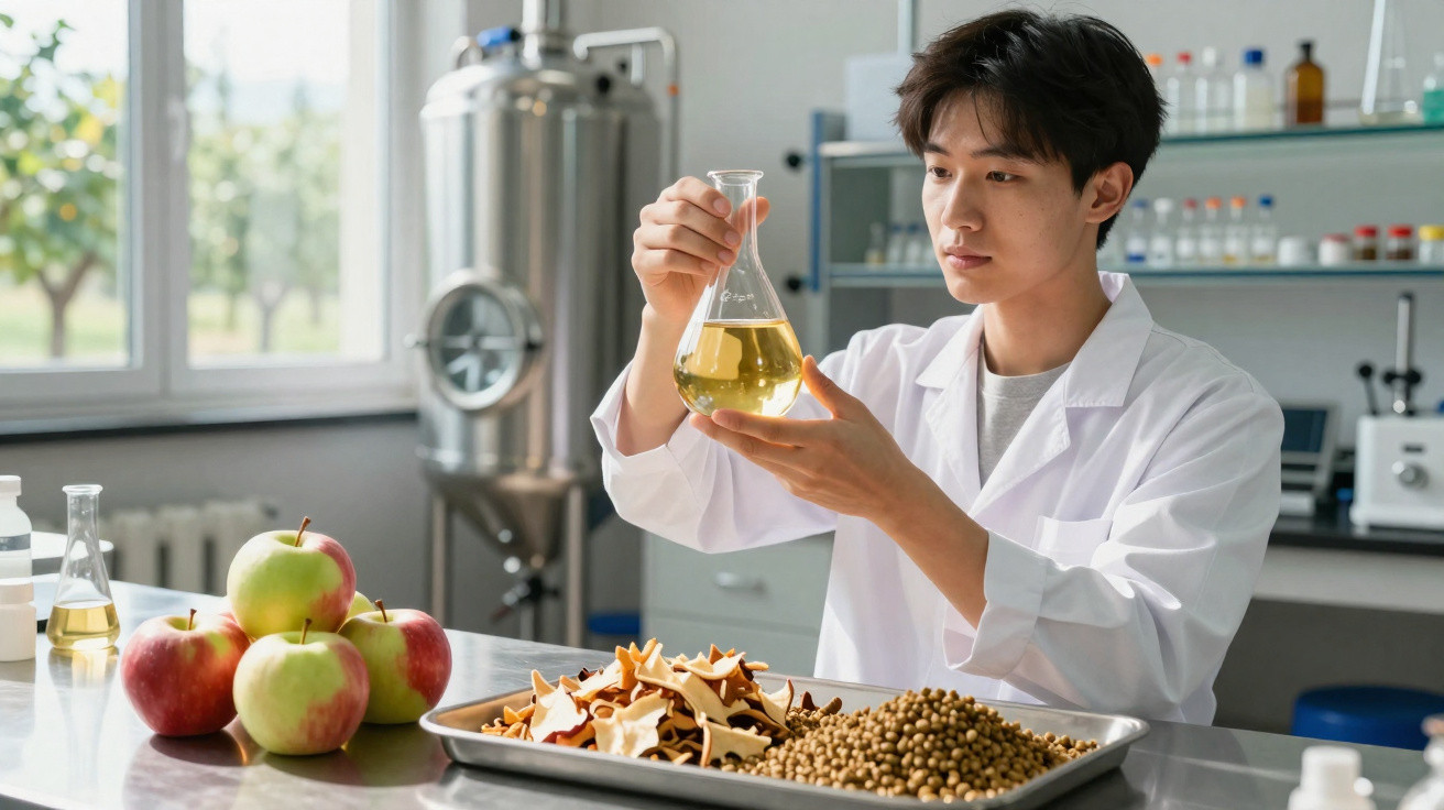 Homem de bata branca analisa líquido amarelo em laboratório com maçãs, sementes e alimentos numa bandeja metálica.