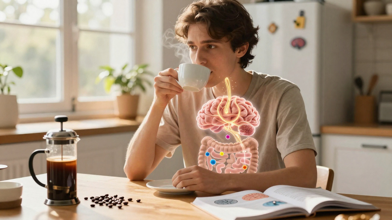 Jovem numa cozinha a beber café, com ilustração do cérebro e sistema digestivo sobreposto no corpo.