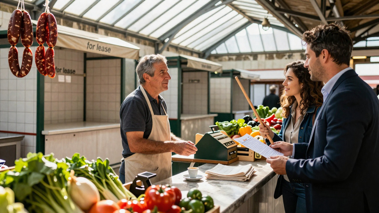 Cliente consultando um vendedor num mercado coberto com frutas e legumes frescos à venda.