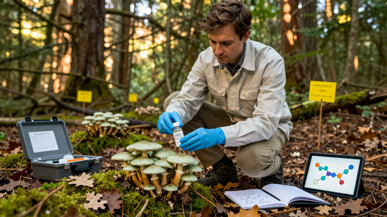 Cientista em floresta recolhe amostra de cogumelos com material de laboratório e tablet ao lado.