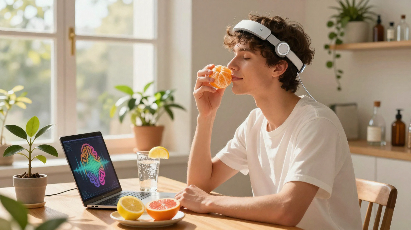 Jovem com auscultadores a cheirar tangerina sentado à mesa com computador e frutas frescas à sua frente.
