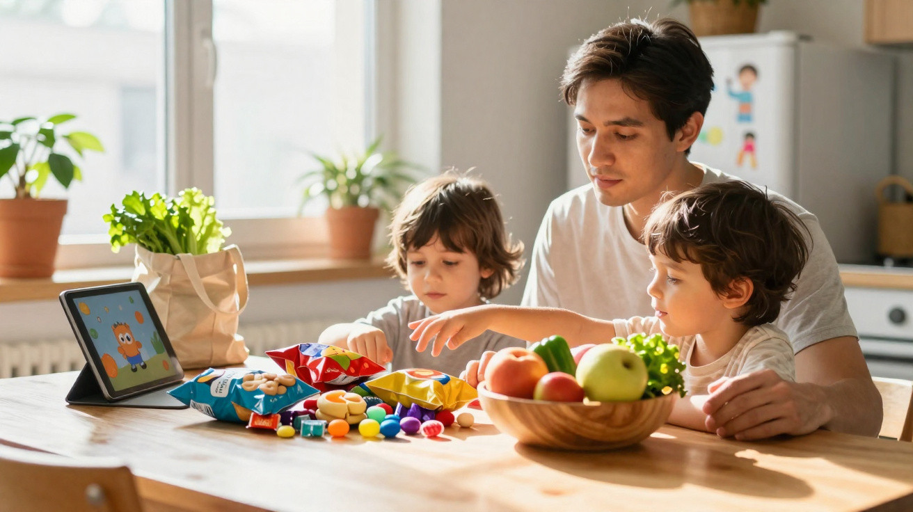 Pai com dois filhos pequenos a brincar com brinquedos e a ver desenho animado num tablet na cozinha.