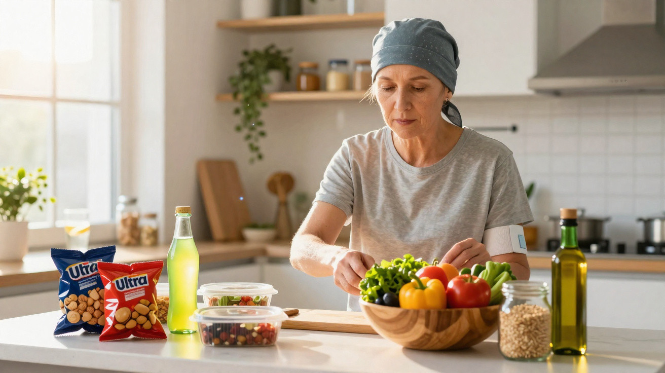 Mulher com lenço na cabeça prepara salada com legumes numa cozinha bem iluminada.