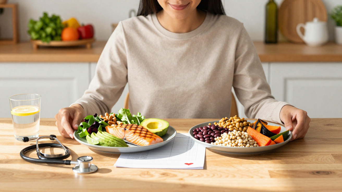 Mulher à mesa com pratos de comida saudável, stethoscope e copo de água com limão num ambiente de cozinha.