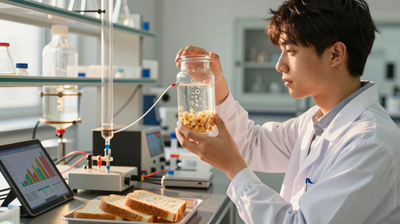Cientista em laboratório a analisar amostras de alimentos dentro de um frasco com equipamentos ao redor.