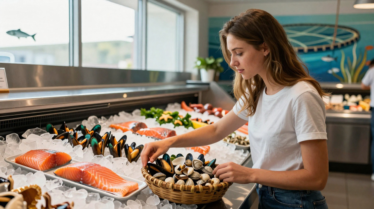 Mulher jovem a escolher mariscos frescos num balcão de peixe num mercado de frutos do mar.