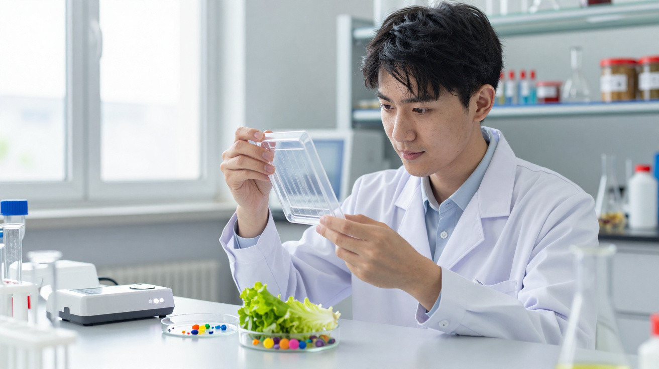 Cientista a analisar amostra em laboratório com alface e cápsulas coloridas numa placa de petri.