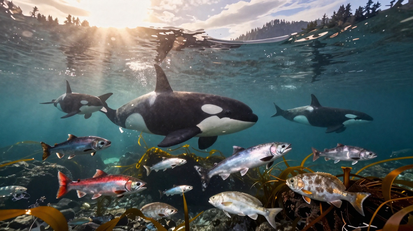 Orcas nadando sob a água com vários peixes coloridos em ambiente marinho natural.