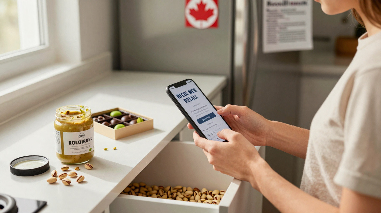 Pessoa a olhar para telemóvel com notificação de recall, ao lado de frasco de pasta de pistáchios aberto numa cozinha.