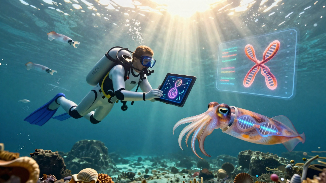 Mergulhador com equipamento tecnológico analisa dados genéticos projetados perto de um polvo transparente no fundo do mar.